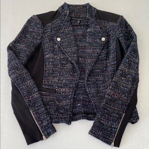 White House Black Market Women Sz 4 Black Blue Tweed Blazer Missing Zippper Pull